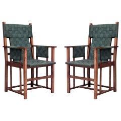 Set of 4 English Arts & Crafts Green Arm Chairs