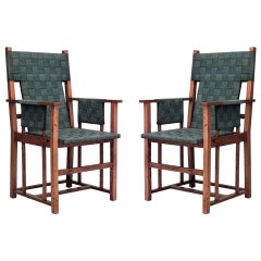 Set of 4 English Arts & Crafts Green Arm Chairs