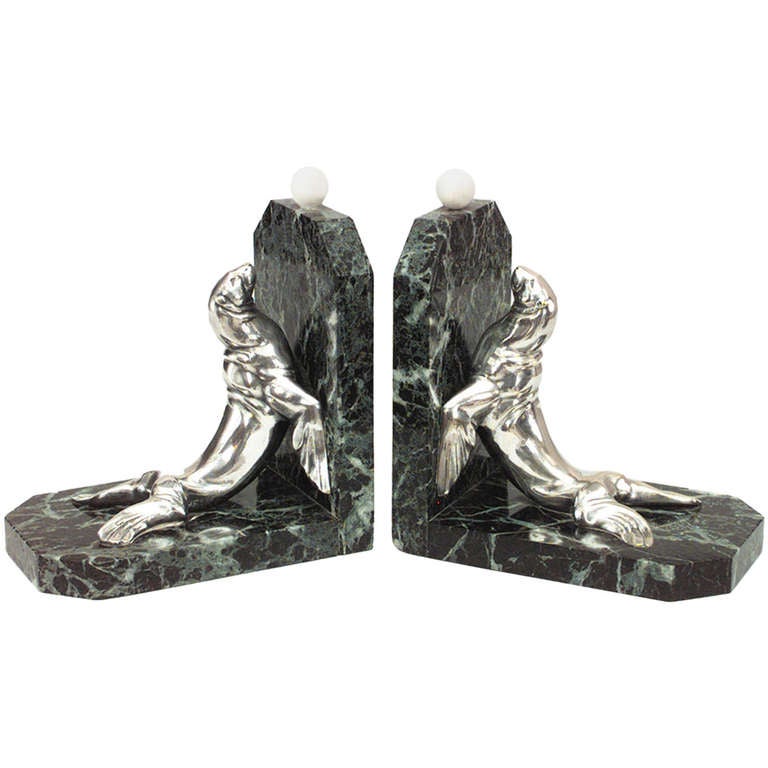 Pair of French Art Deco Seal Bookends Signed Frecourt