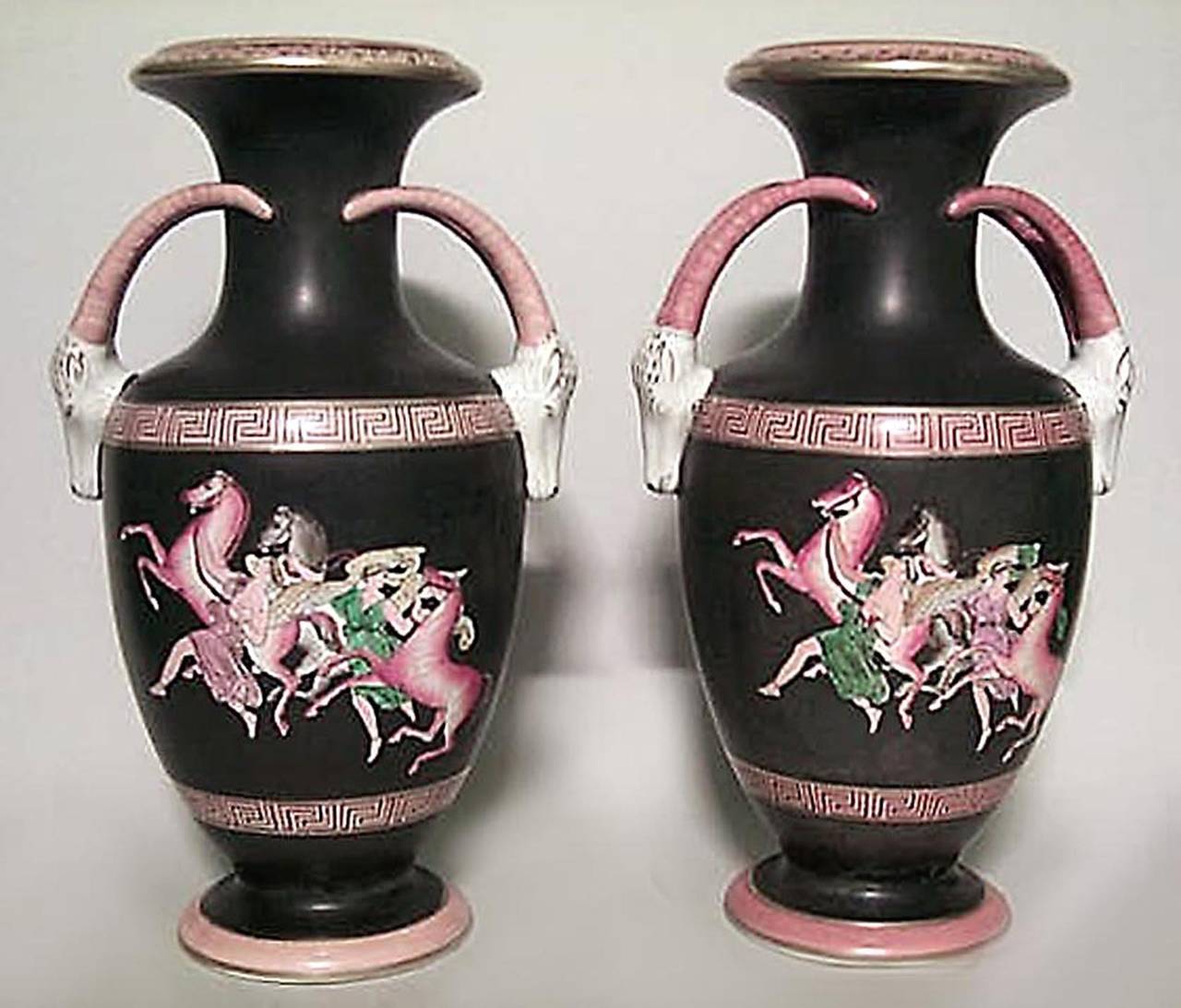 European Pair of 19th Century Porcelain Greek Revival Painted Vases 