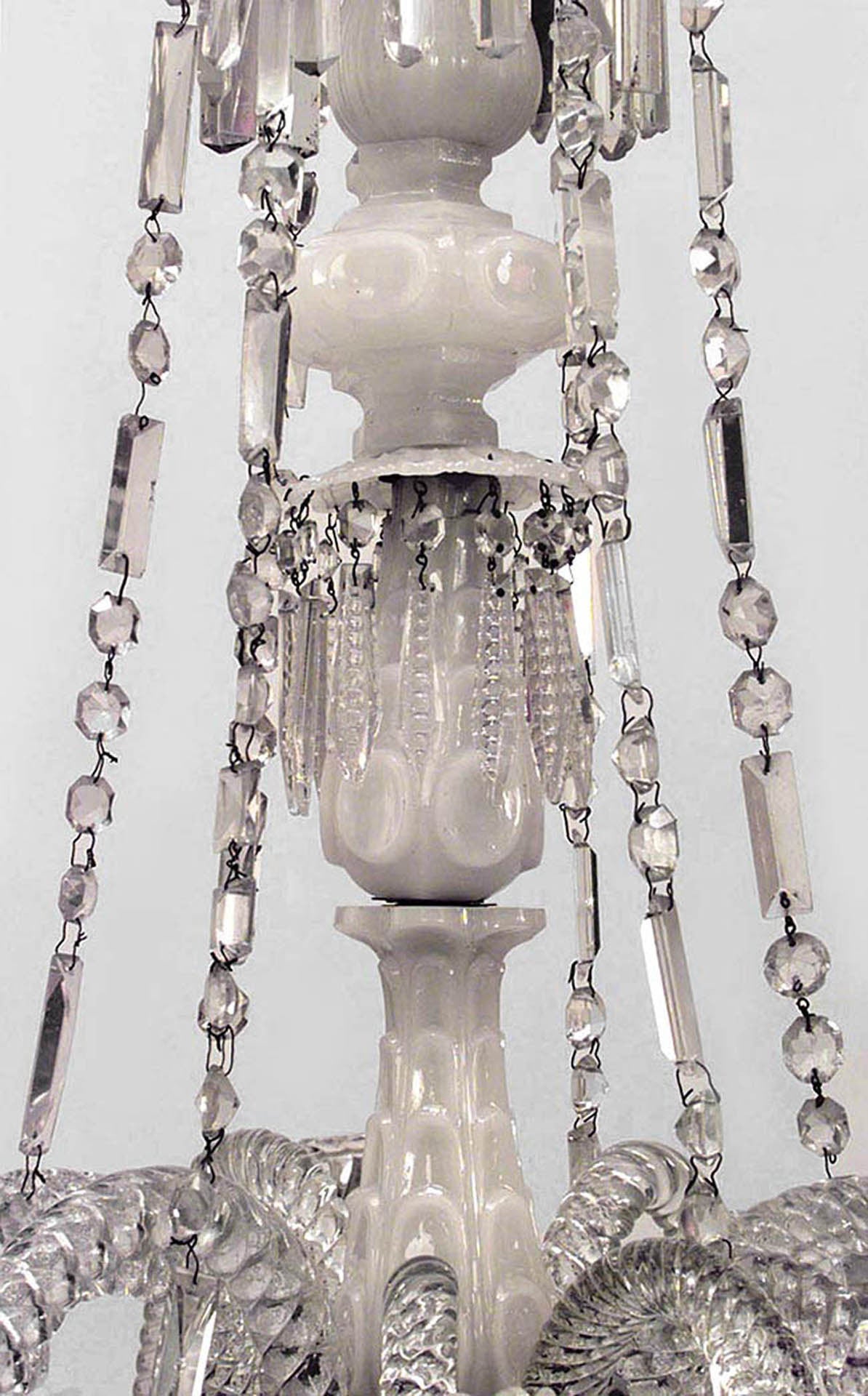 19th century French Baccarat crystal and white opaline 12-arm chandelier with canopy and base joined by a tiered stem and four crystal chains.