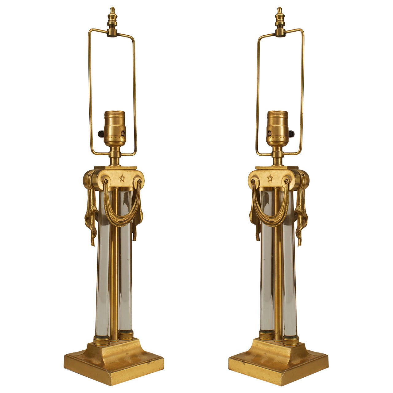 Pair of American Art Moderne Brass and Glass Table Lamps For Sale