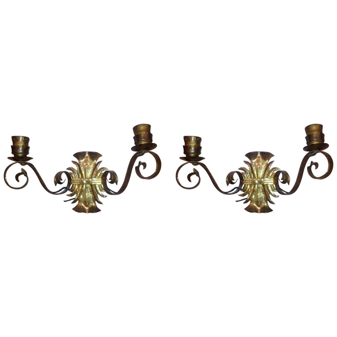 Pair of Continental German Hammered Brass Wall Sconces For Sale