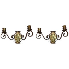 Pair of Continental German Hammered Brass Wall Sconces