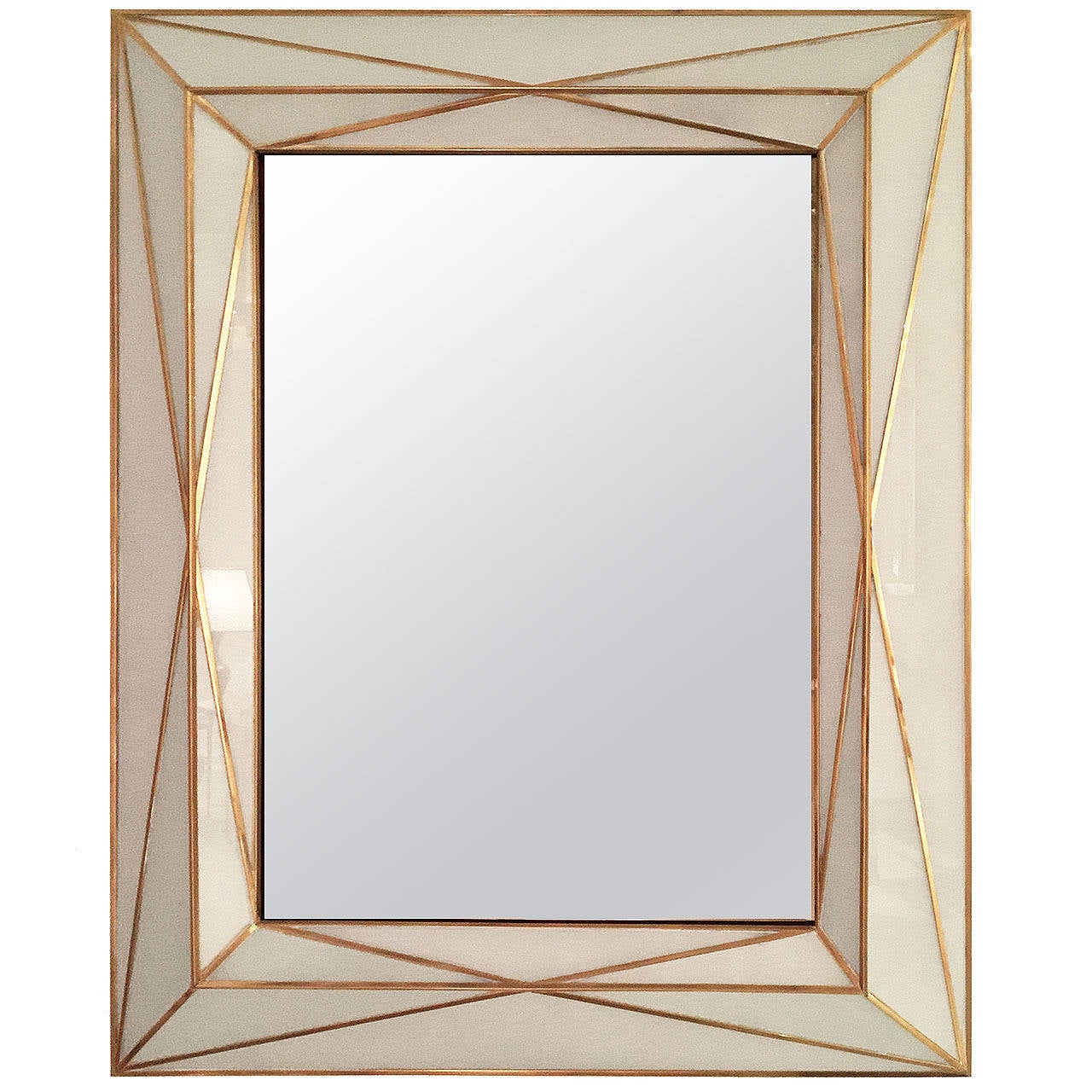 Contemporary Brass Inlaid and White Glass Mirror For Sale at 1stdibs