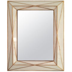Contemporary Brass Inlaid and White Glass Mirror