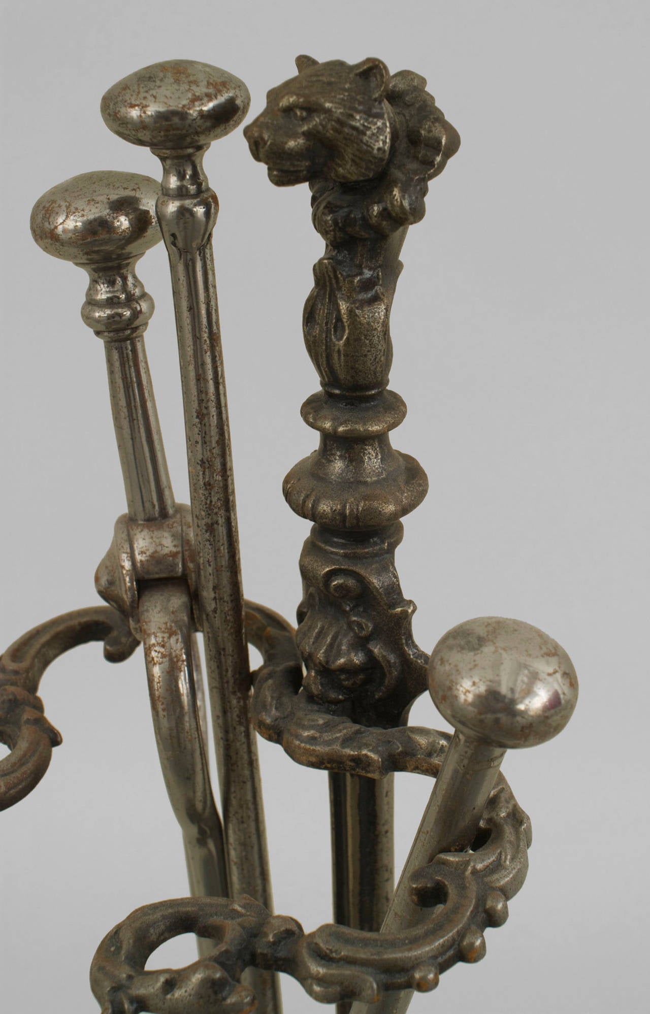 Baroque Revival Set of 3 Continental Steel Fire Tools For Sale