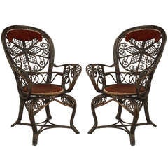 Pair of 19th c. Filigree Wicker And Red Velvet Fan Back Arm Chairs By Colt 7