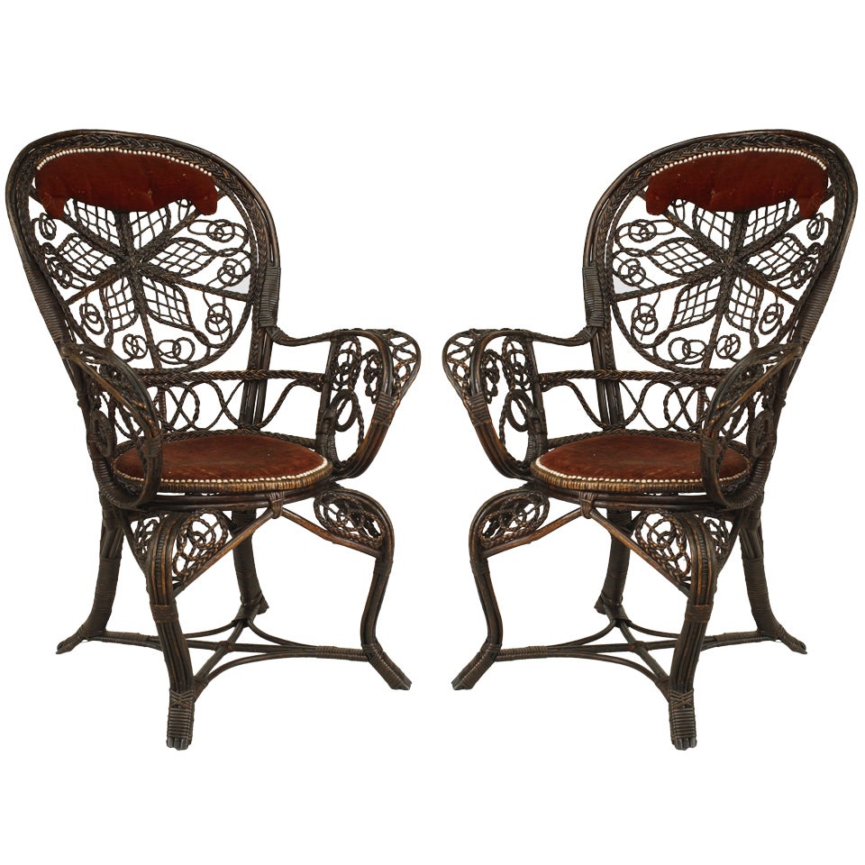 Pair of Colt Victorian Wicker Fan Back and Red Velvet Armchairs For Sale