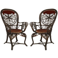 Pair of Colt Victorian Wicker Fan Back and Red Velvet Armchairs