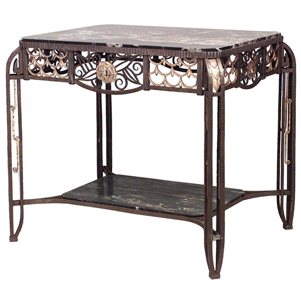French Art Deco Rectangular Steel and Marble Center Table 