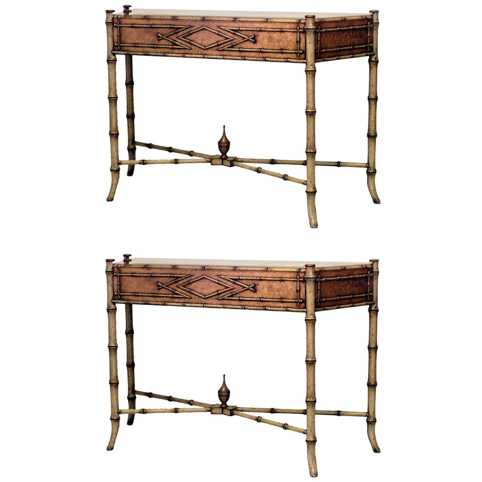 Pair of 20th c. English Regency Style Faux Bamboo Consoles
