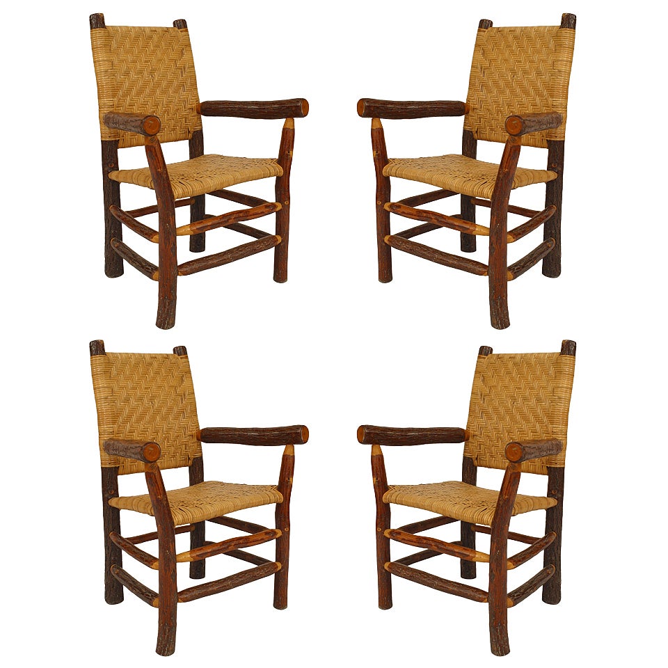 Set of 4 American Rustic Old Hickory Woven Arm Chairs
