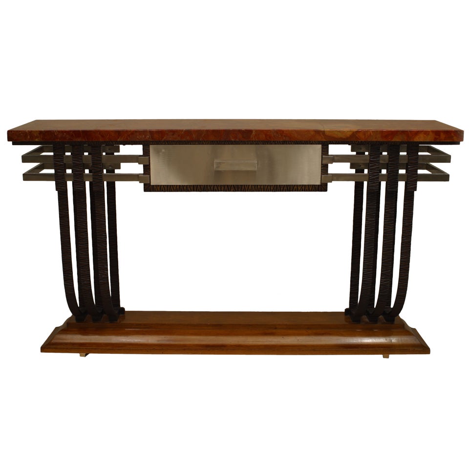 French Art Deco Iron and Mahogany Console Table