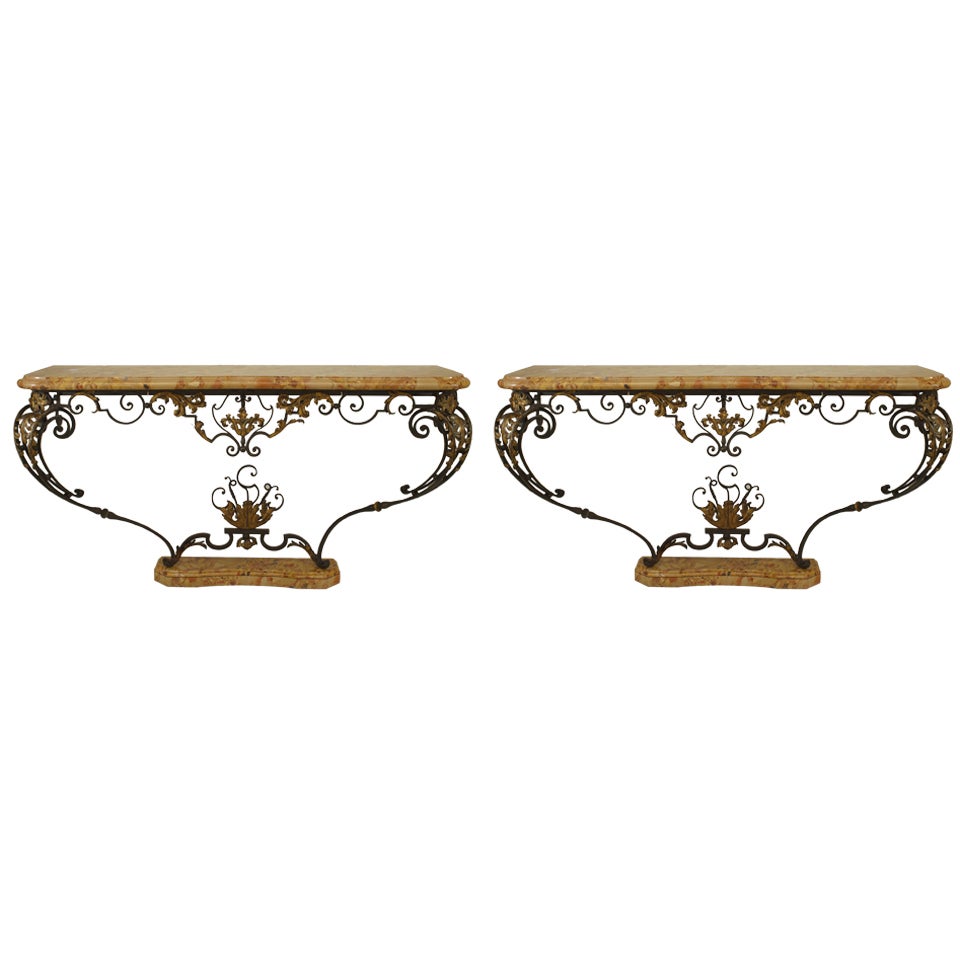 Pair of French Victorian Iron Floral Console Tables For Sale