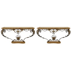 Antique Pair of French Victorian Iron Floral Console Tables