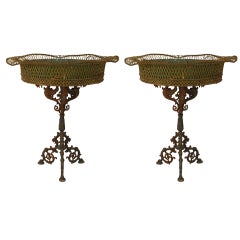Pair of 19th C. French Wrought Iron Pedestal Base Planters