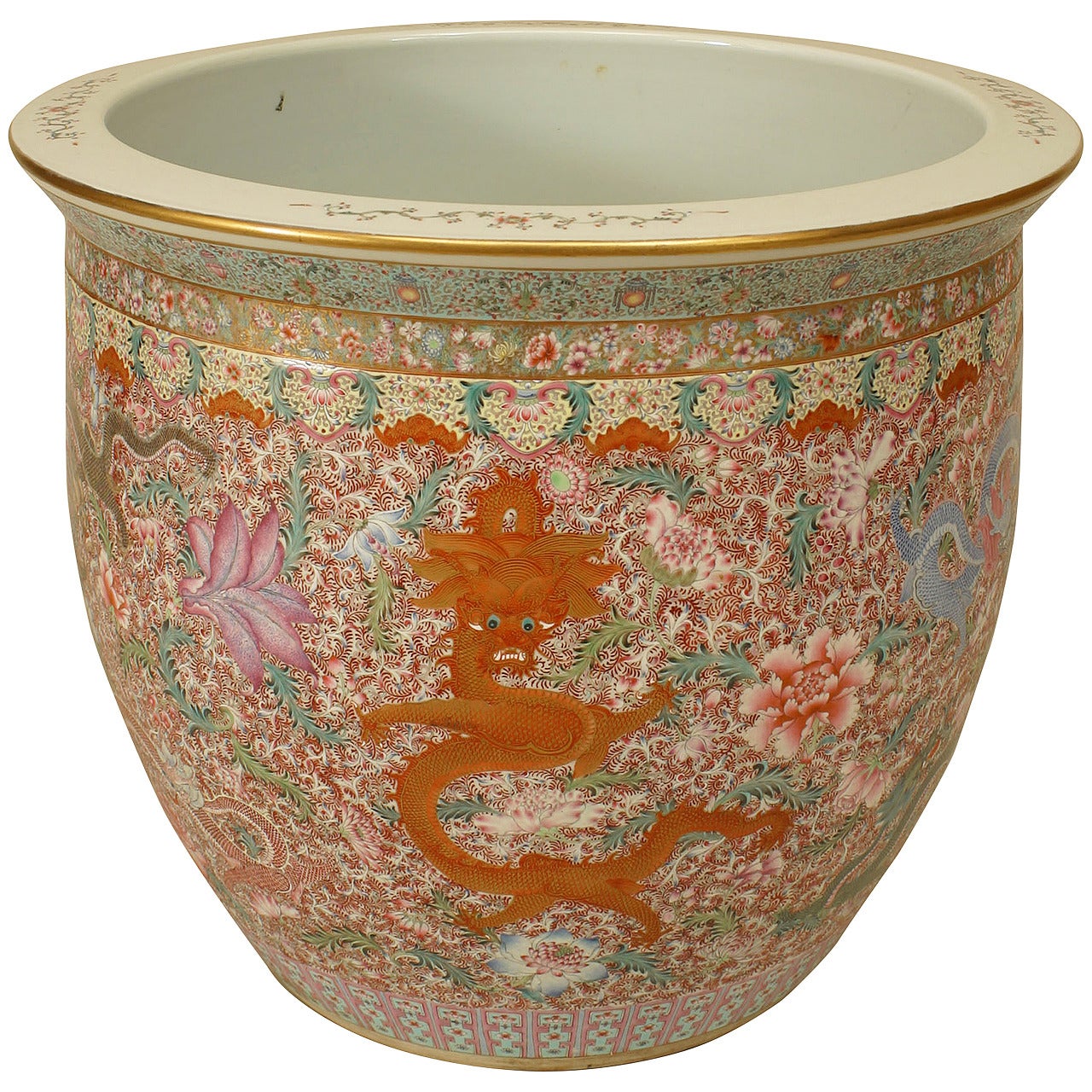 Asian Porcelain Jardiniere with Floral and Dragon Designs
