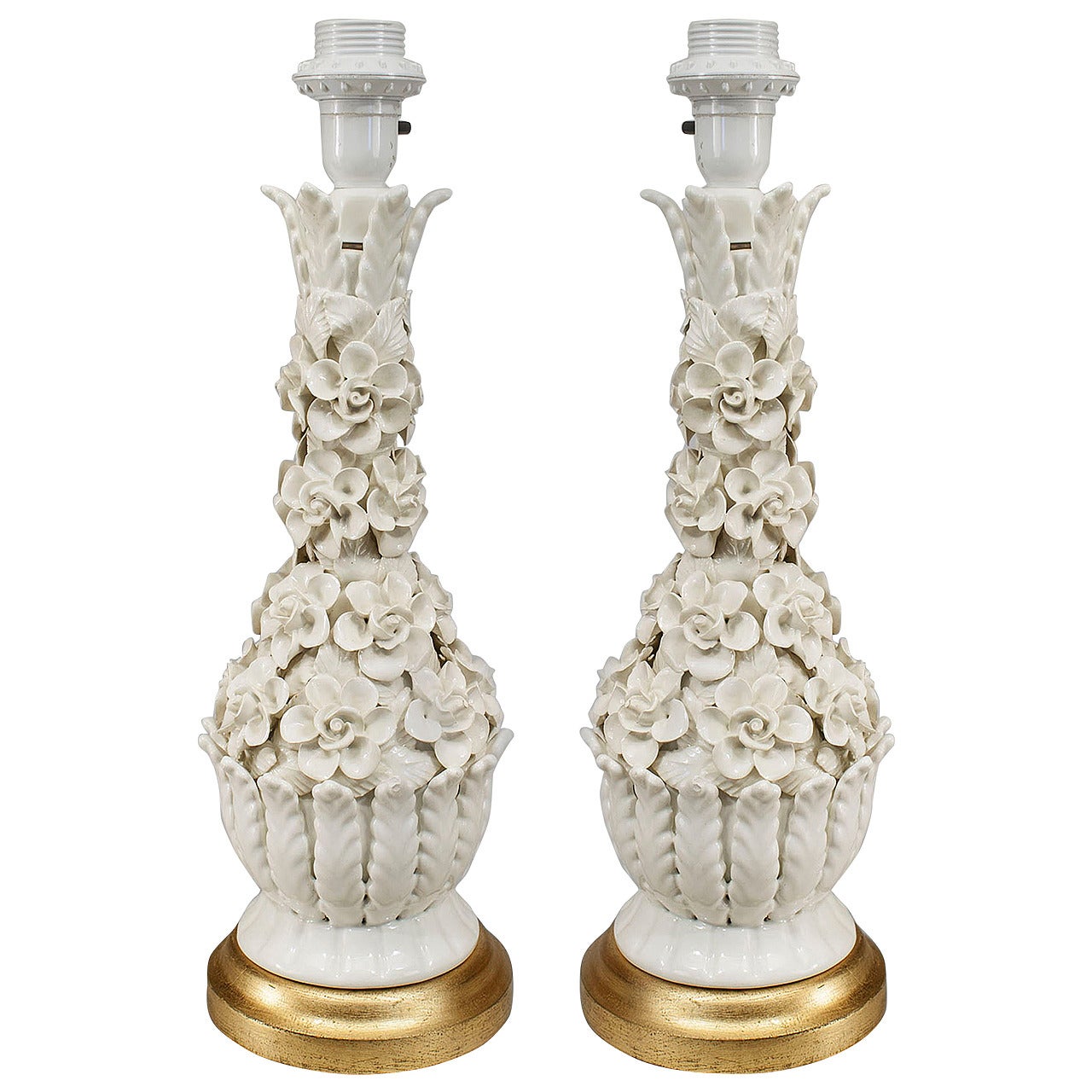 Pair of 1940s French Floral Porcelain Lamps