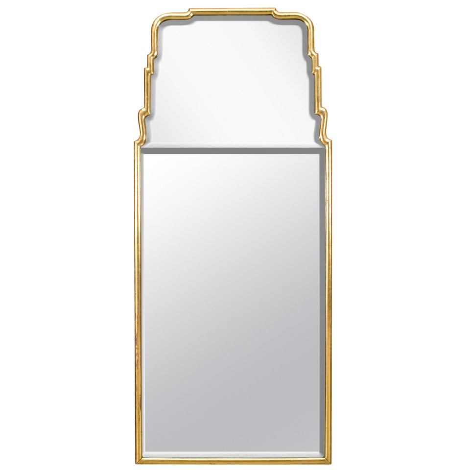 Continental Narrow Giltwood Mirror with Stepped Pediment