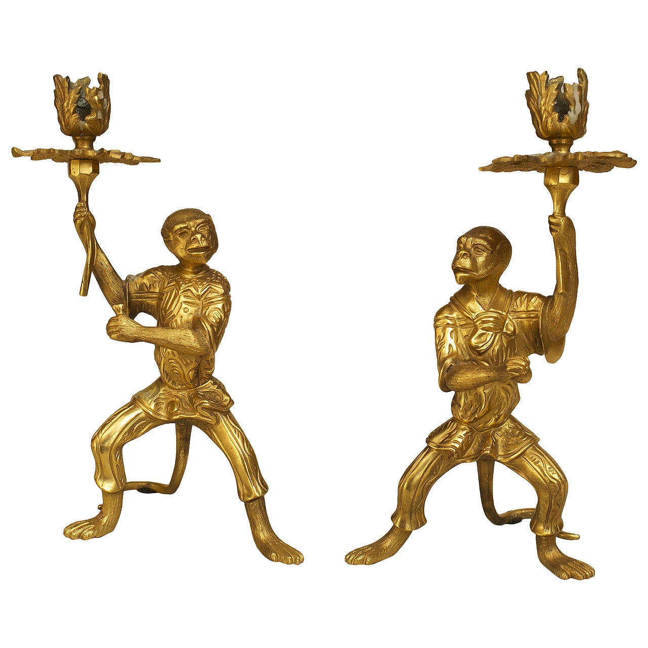 Pair of French XVI Bronze Dore Monkey Candlesticks For Sale
