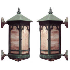 Antique Pair of 19th Century American Copper and Pigmented Opaque Glass Lanterns