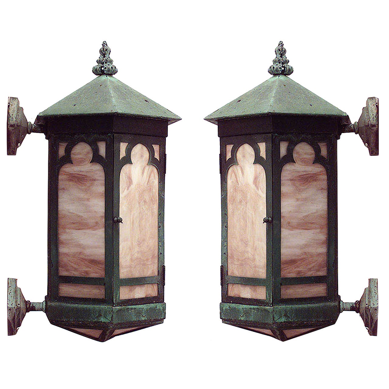 Pair of 19th Century American Copper and Pigmented Opaque Glass Lanterns
