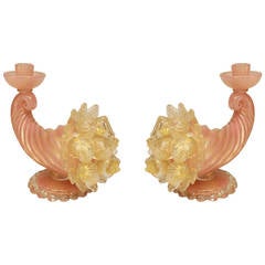 Pair of 1940s Italian Barovier e Toso Murano Glass Cornucopia Candlesticks 6