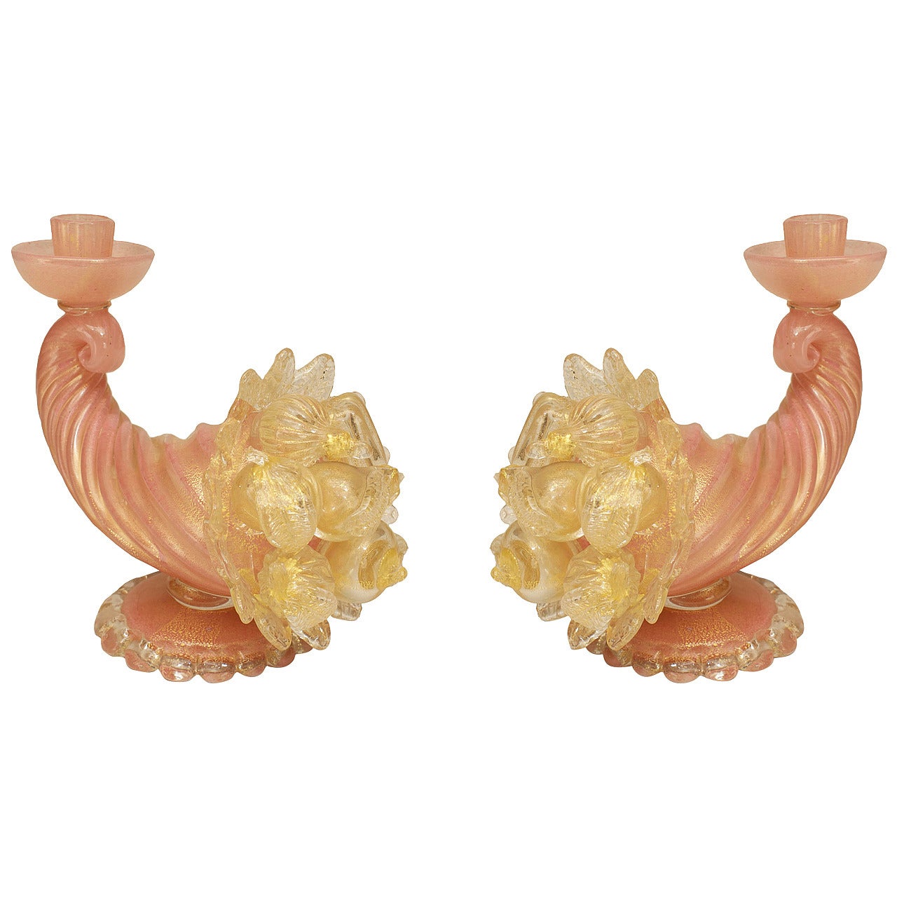 Pair of Italian Murano Pink and Gold Cornucopia Candlesticks For Sale