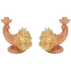 Pair of Italian Murano Pink and Gold Cornucopia Candlesticks