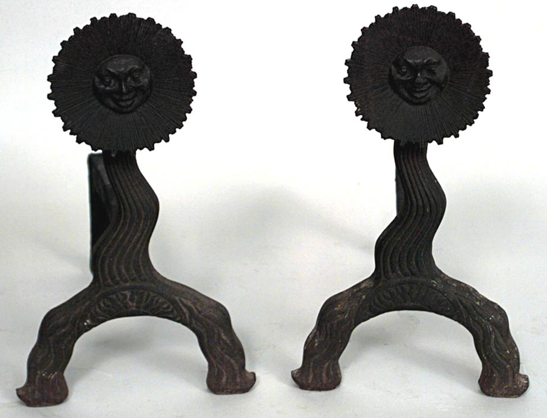 Pair of Bradley and Hubbard American Country Wrought Iron Andirons For Sale