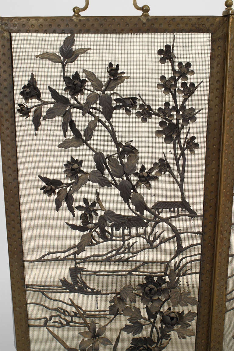 Arts and Crafts Arts & Crafts Wrought Iron Fire Screen With Floral And Asian Designs