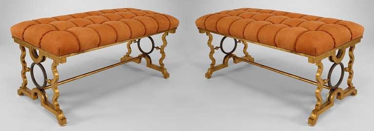 Art Deco Pair of Gold-Painted Iron and Suede Benches in the Manner of Poillerat