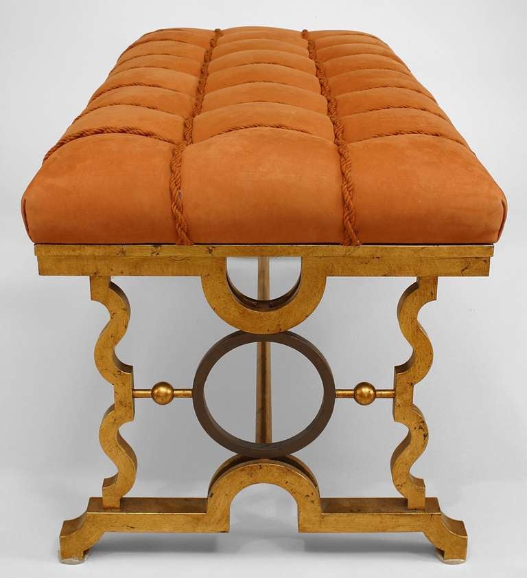 Pair of Gold-Painted Iron and Suede Benches in the Manner of Poillerat In Excellent Condition In New York, NY