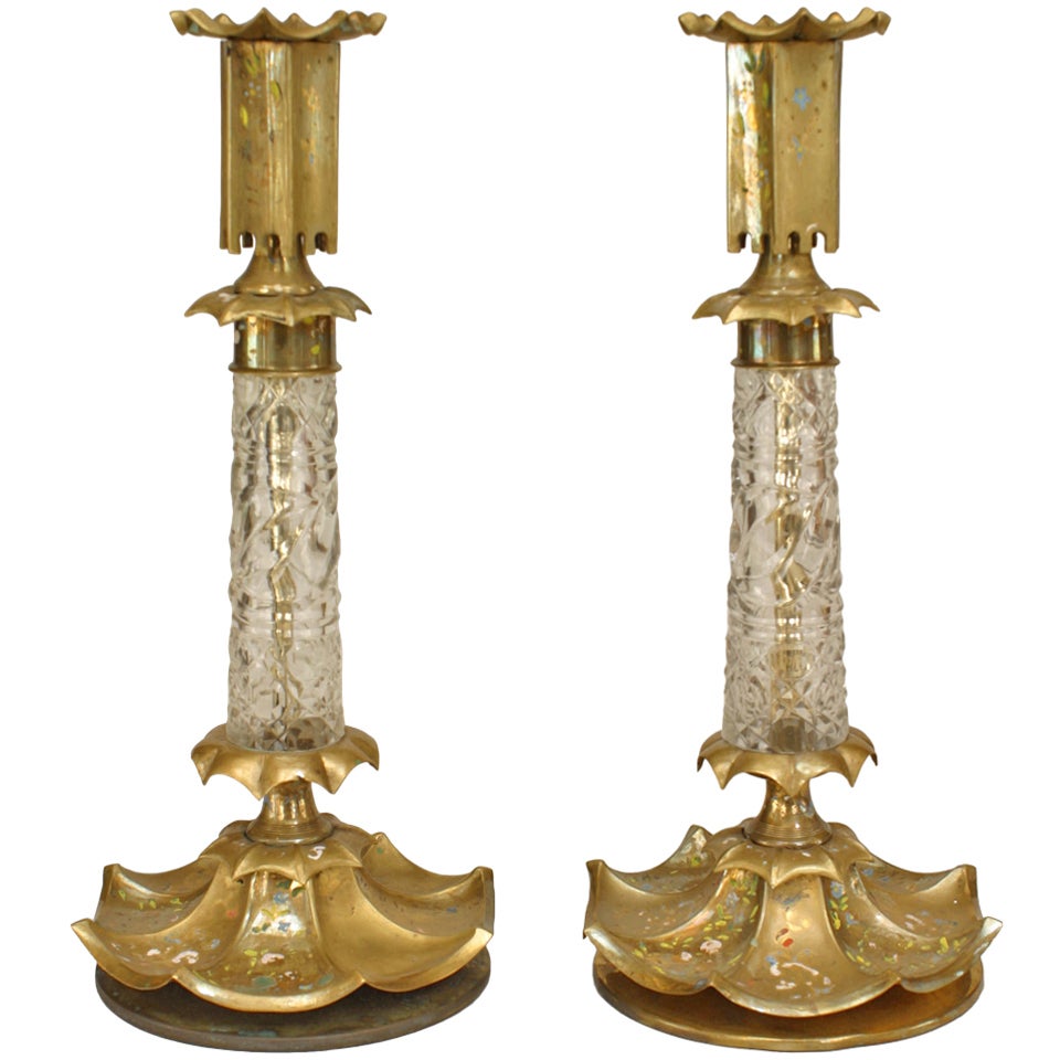 Pair of Neoclassic Cut Glass and Brass Candlesticks For Sale