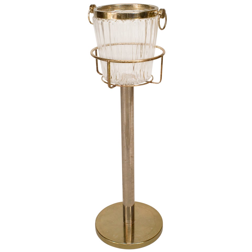Mid-Century Modern Glass Champagne Bucket And Brass Stand