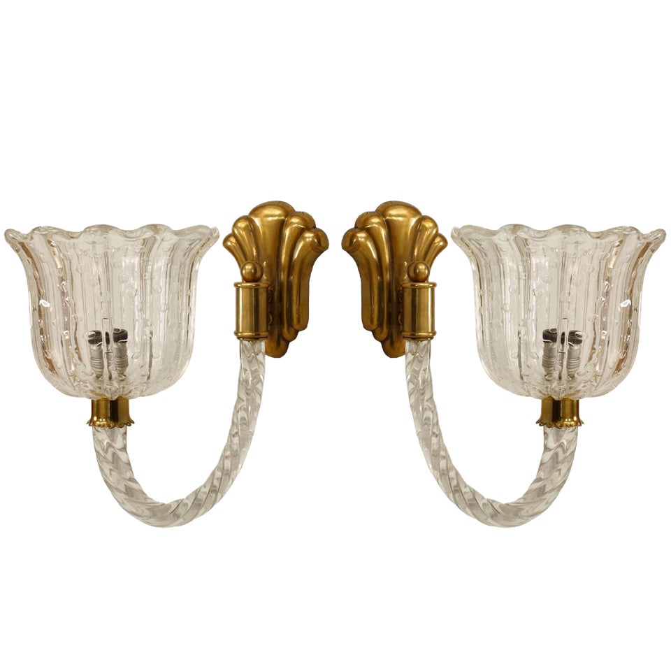 Pair of 1930's Murano Glass Tulip Wall Sconces, by Barovier e Toso