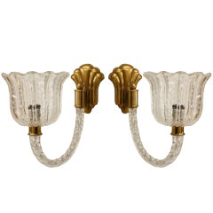 Pair of 1930's Murano Glass Tulip Wall Sconces, by Barovier e Toso