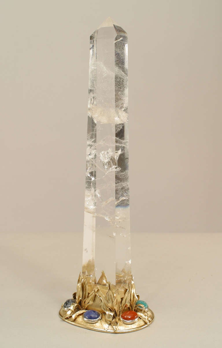 20th c. Neoclassical Rock Crystal, Gilt Metal, And Semiprecious Stone Obelisk