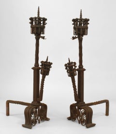 Pair of Samuel Yellin Italian Renaissance Wrought Iron Andirons