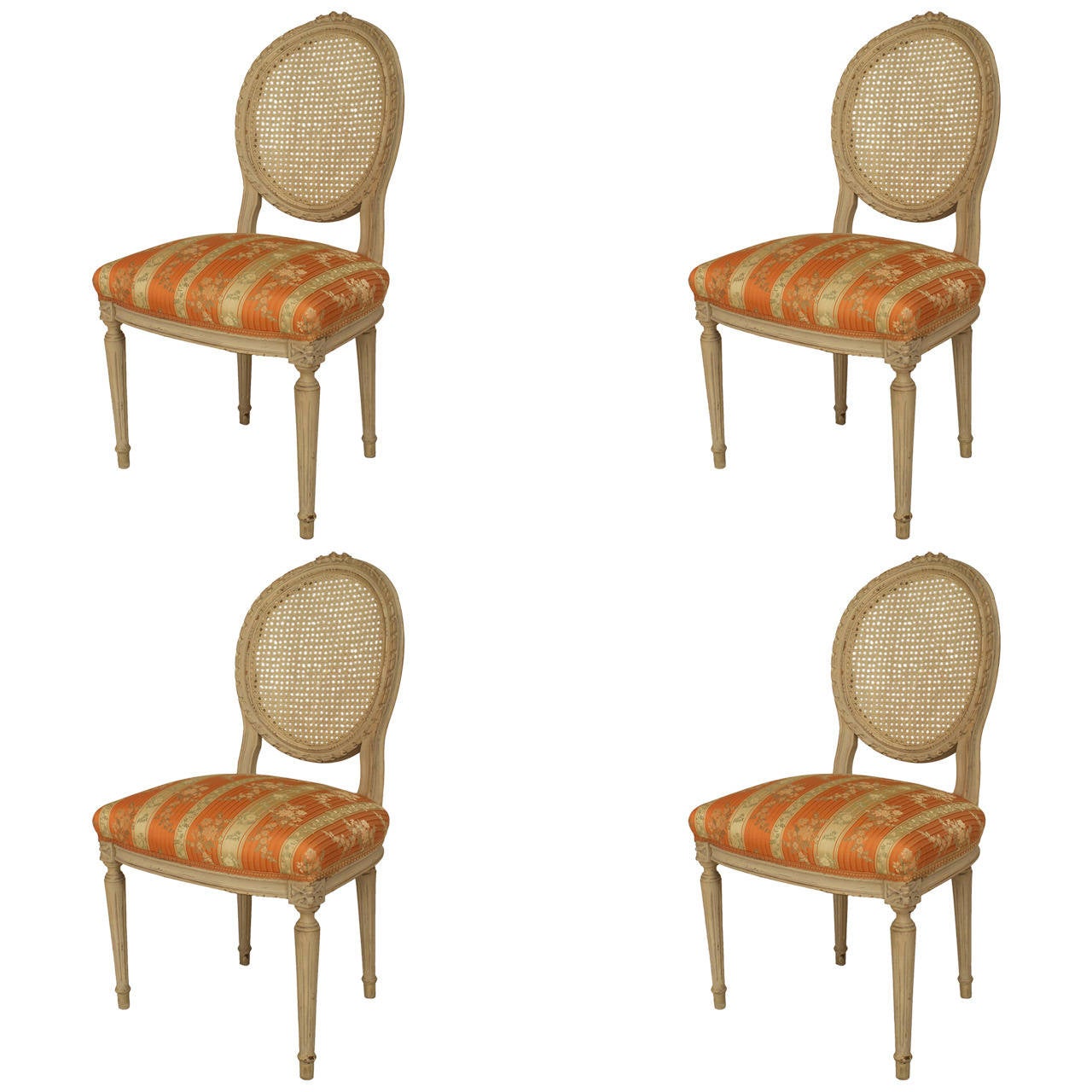 Set of Four 20th Century French Louis XVI, Cream Painted Side Chairs