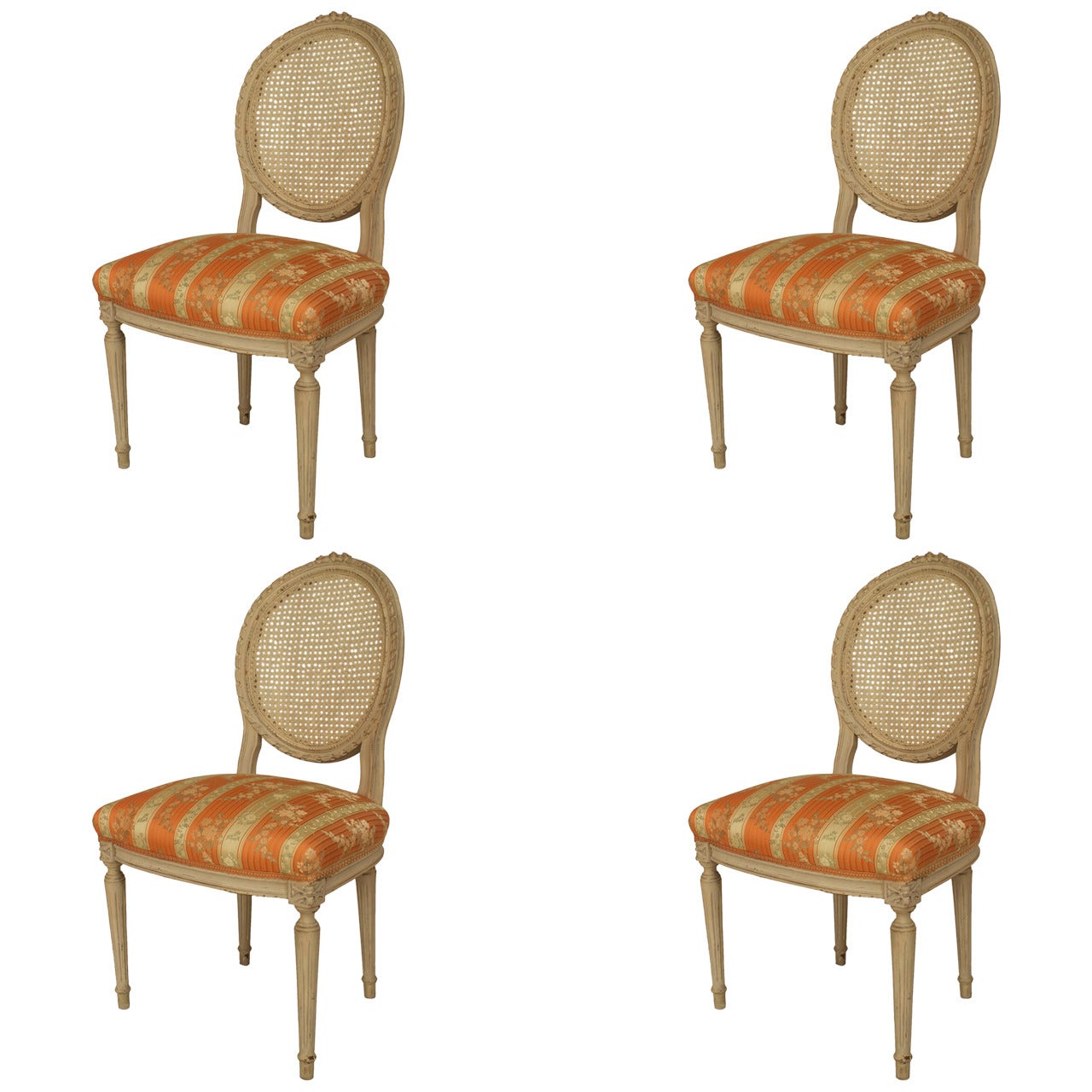 Set of 4 French Louis XVI Damask Side Chairs