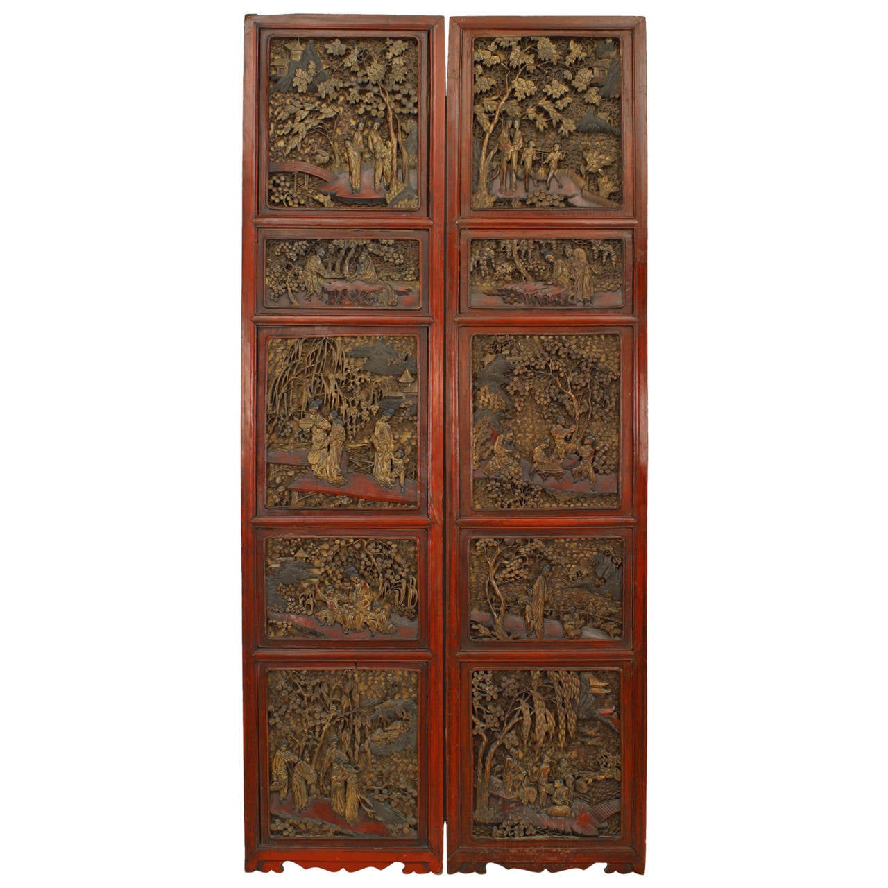 Large Pair of Chinese Carved and Lacquer Frame Doors For Sale at 1stdibs