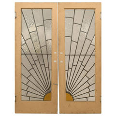 Paire de portes Art déco françaises en verre plombé Sunburst