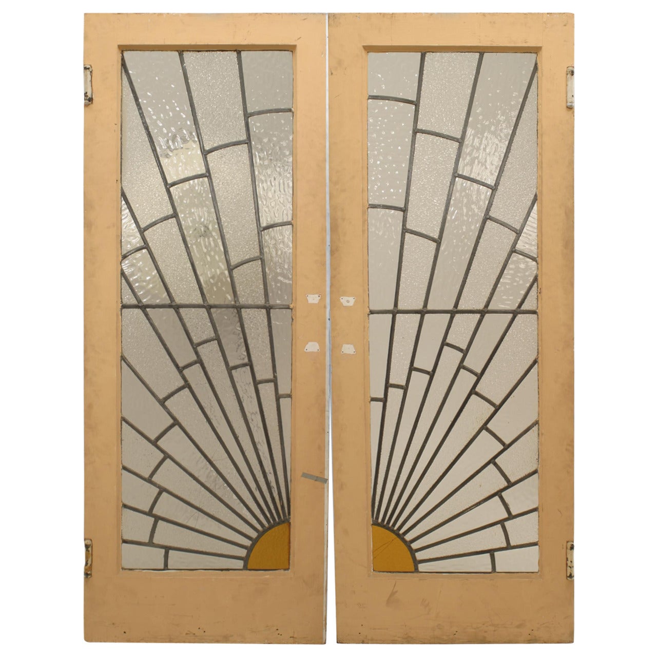 Par de puertas francesas Art Decó de cristal emplomado Sunburst