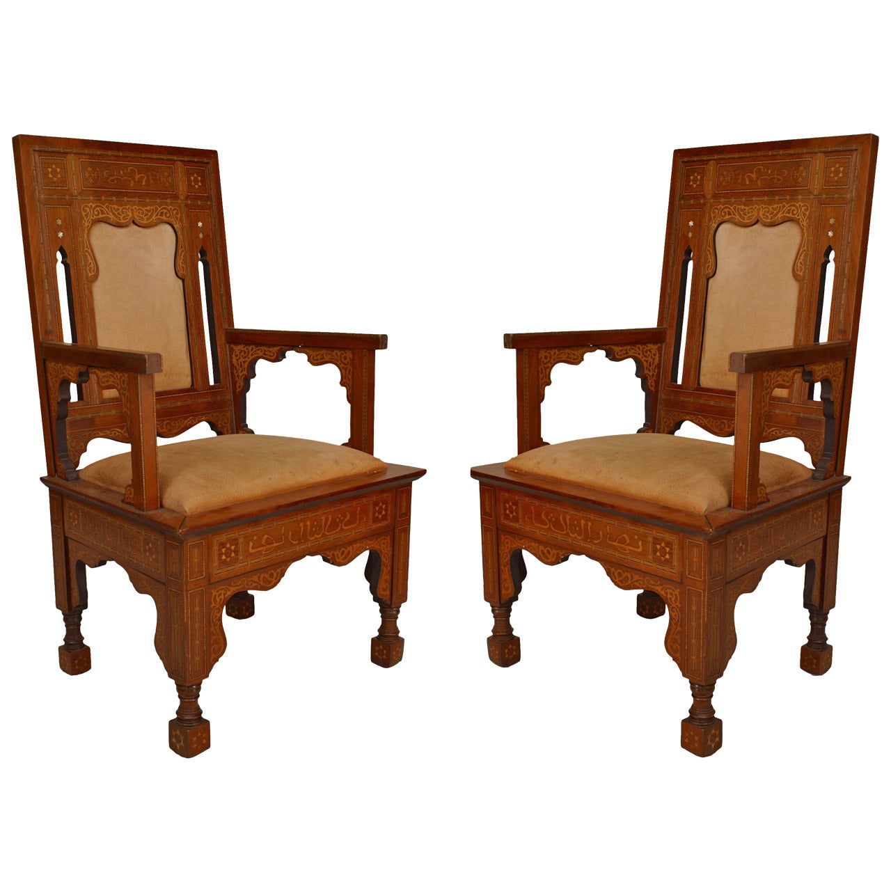 Pair of Moorish Walnut and Suede Armchairs For Sale
