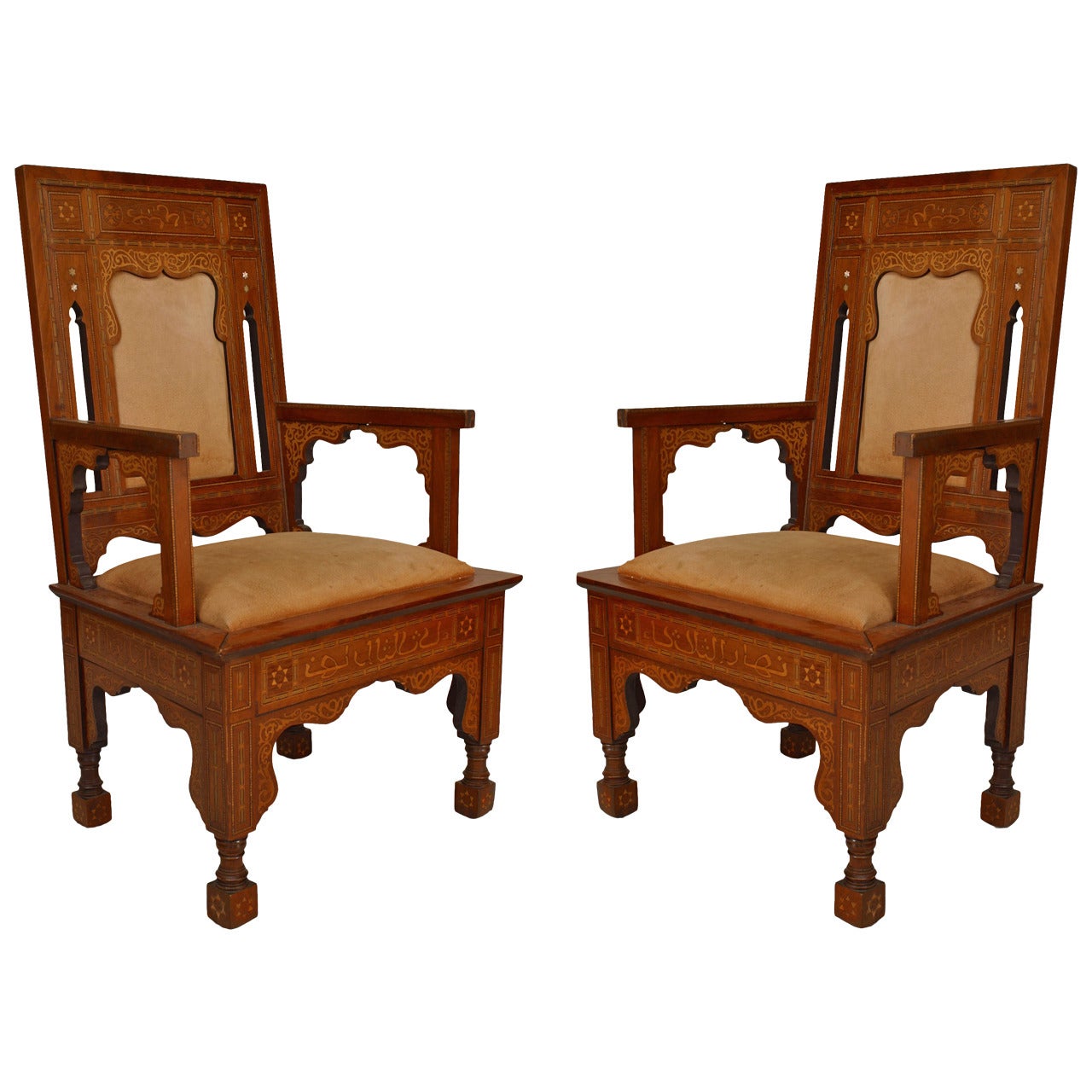 Pair of Moorish Walnut and Suede Armchairs