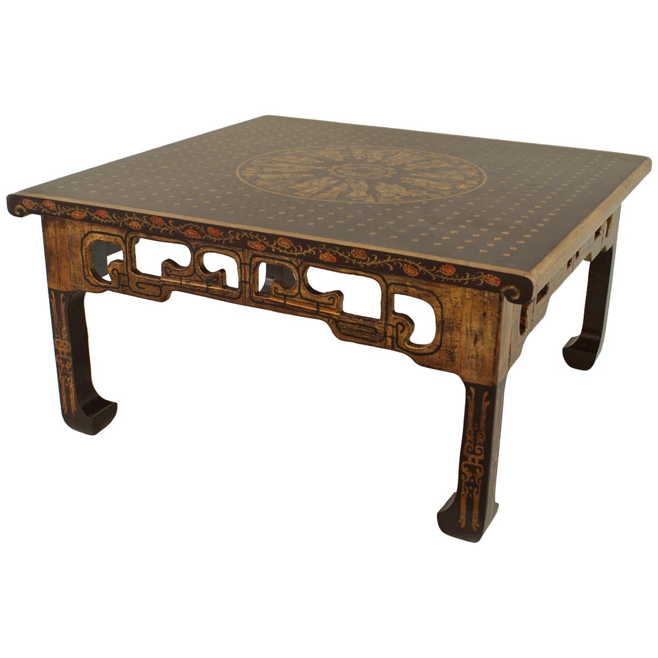 Asian Chinese Style Brown Lacquered Gilt Medallion Coffee Table For Sale