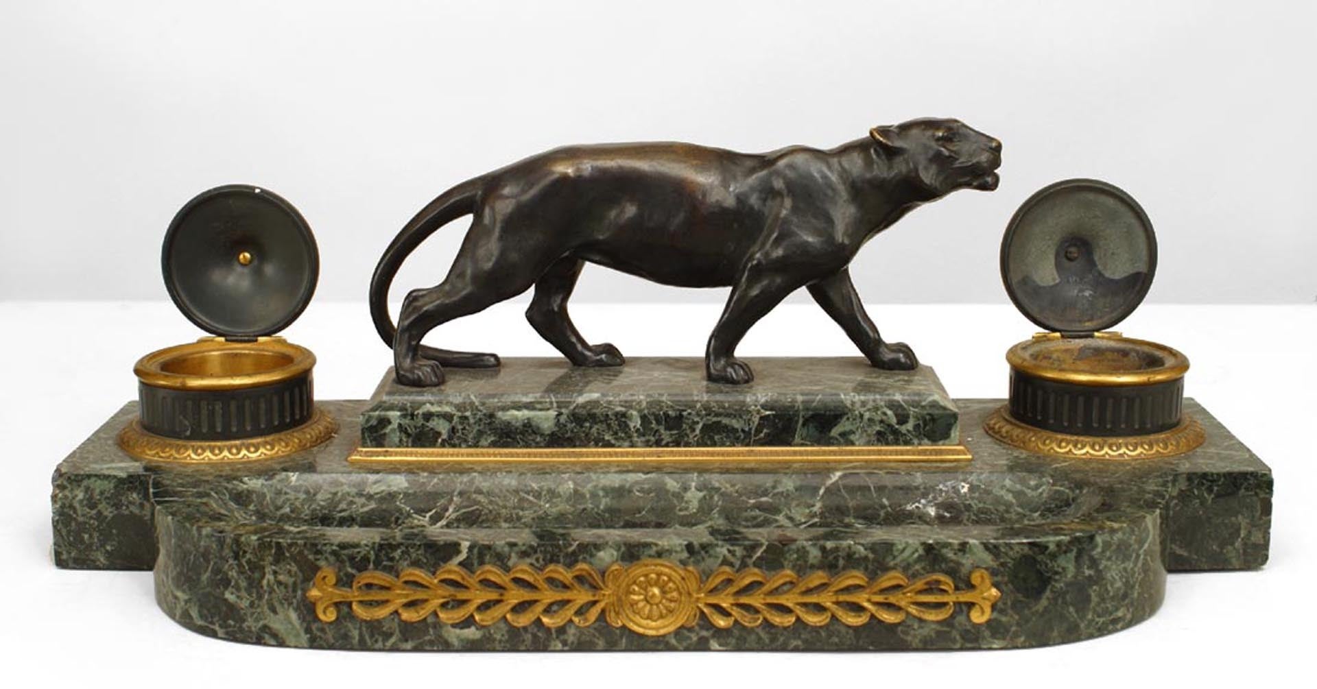 French Victorian Green Marble Inkwell with Tiger For Sale