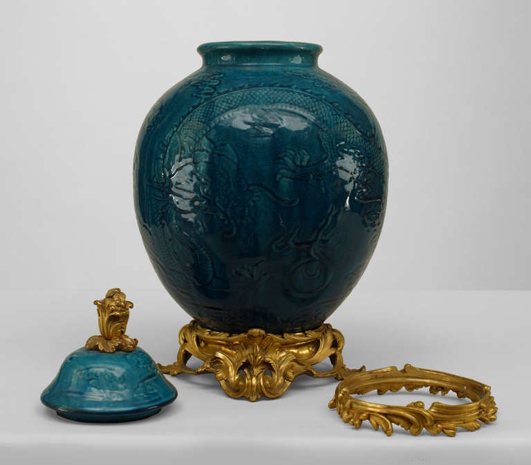 Chinese Pair Of Turquoise Porcelain And Bronze Dore Chinoiserie Vases